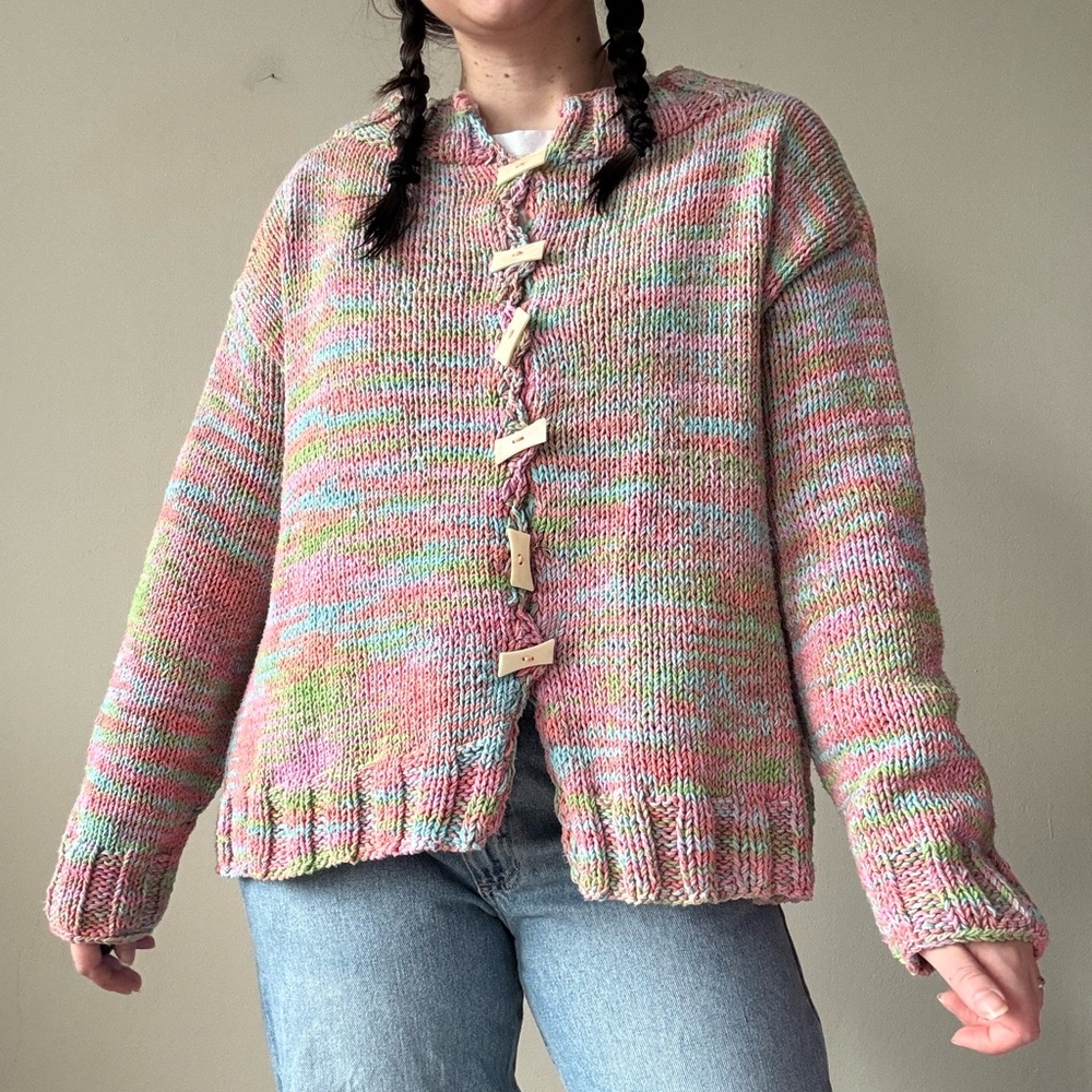 Vintage Hand-Knit Pastel Multicolor Toggle Cardigan Sweater